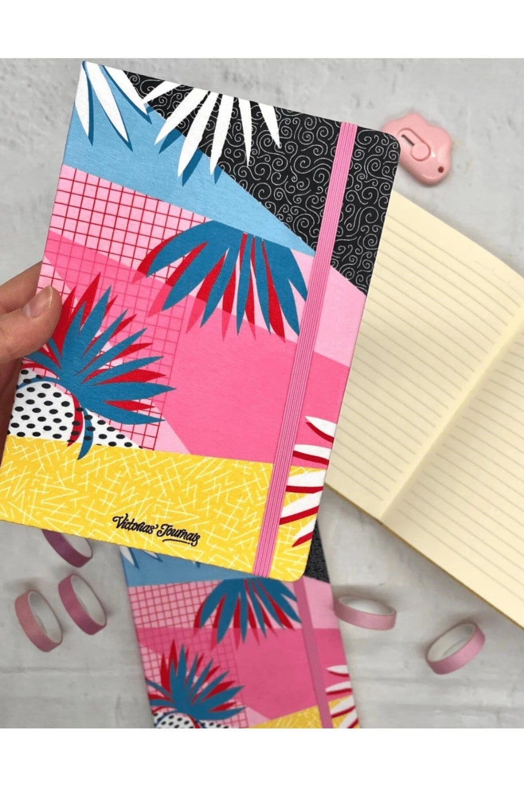 Kumaş Sert Kapak Tropical Desenli Renkli Çizgili Ajanda / Defter/ Bullet Journal
