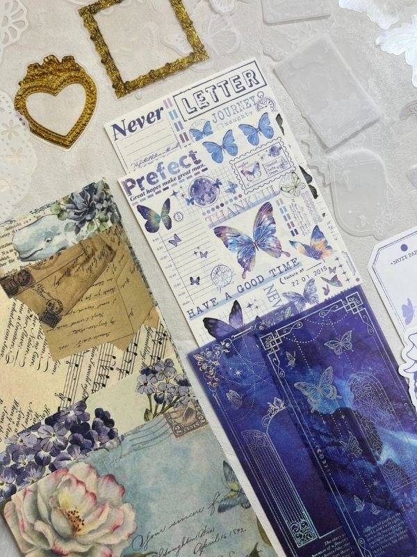 Light Blue Mountains 59 Parça Dopdolu Özel Tasarım Hediyelik Mavi Sticker Scrapbook Kâğıt Kelebek Seti/Bullet Journal 