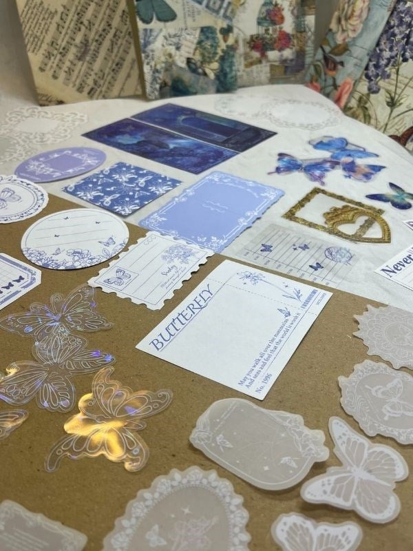 Light Blue Mountains 59 Parça Dopdolu Özel Tasarım Hediyelik Mavi Sticker Scrapbook Kâğıt Kelebek Seti/Bullet Journal 