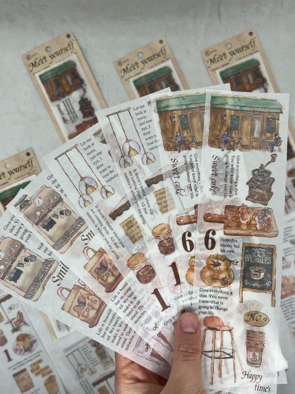 Meet Yourself Kahve Malzemeleri Temalı Mottolu 6 Yaprak Kâğıt Sticker/Çıkartma /Scrapbook