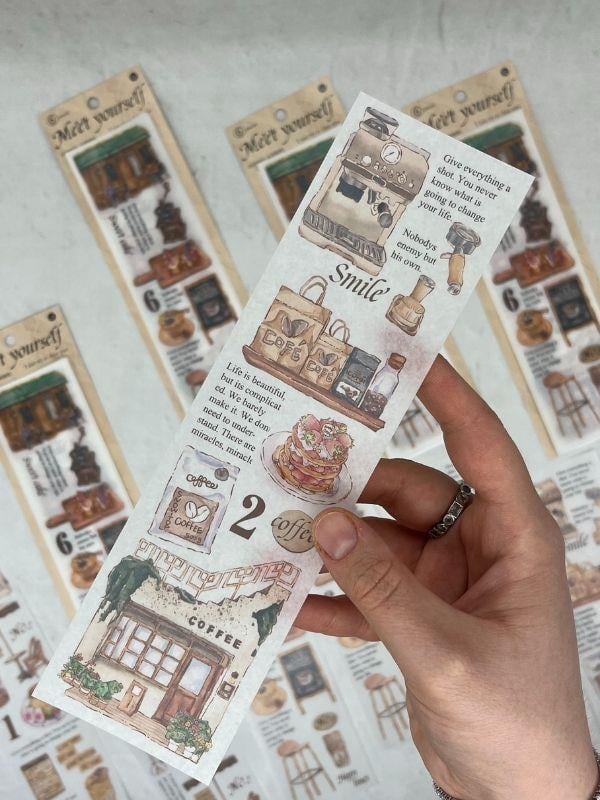 Meet Yourself Kahve Malzemeleri Temalı Mottolu 6 Yaprak Kâğıt Sticker/Çıkartma /Scrapbook