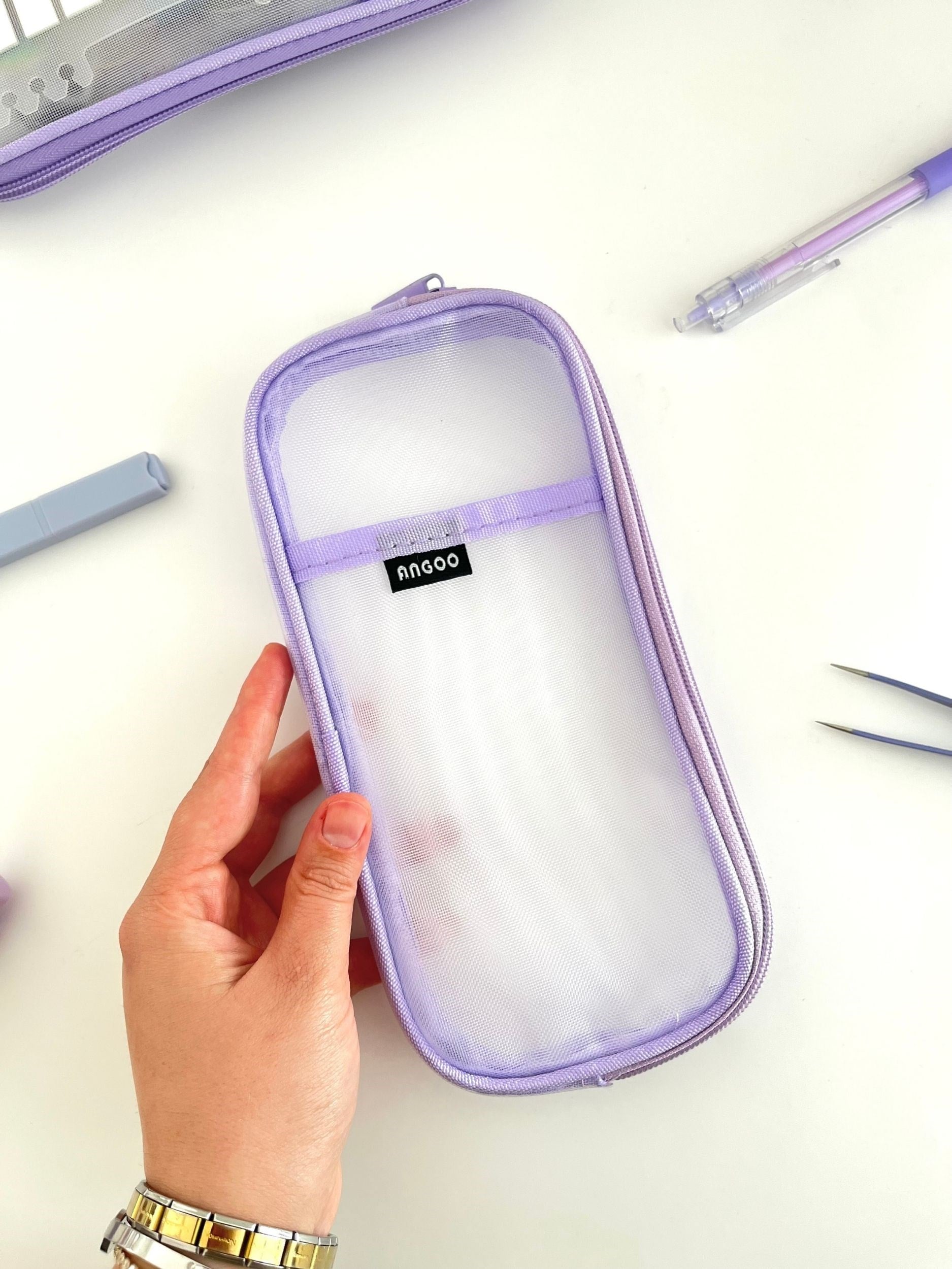 Mesh Organizer Çift Bölmeli Mor Renk File Kalem Kutu ve Kırtasiye Çantası