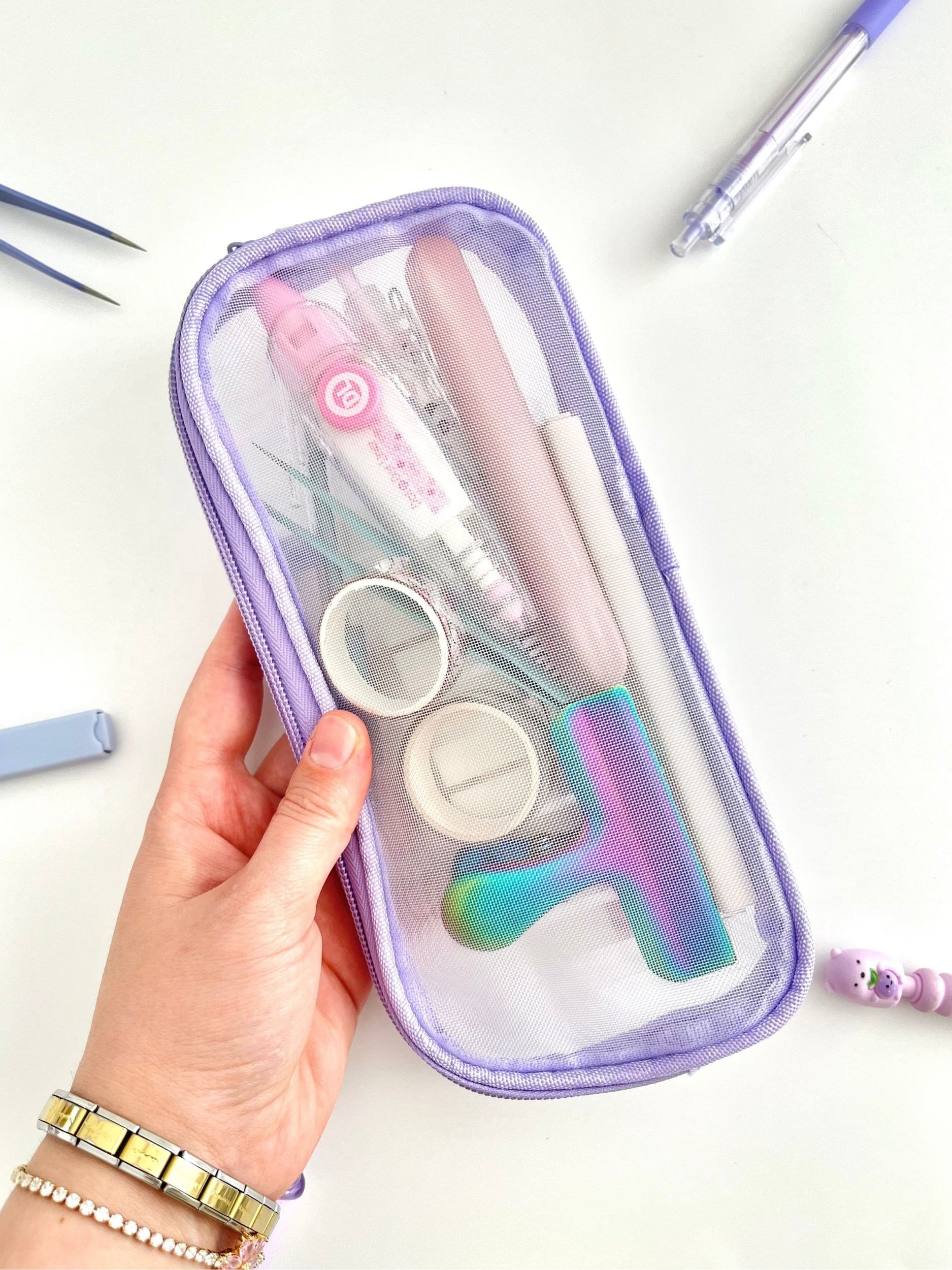Mesh Organizer Çift Bölmeli Mor Renk File Kalem Kutu ve Kırtasiye Çantası
