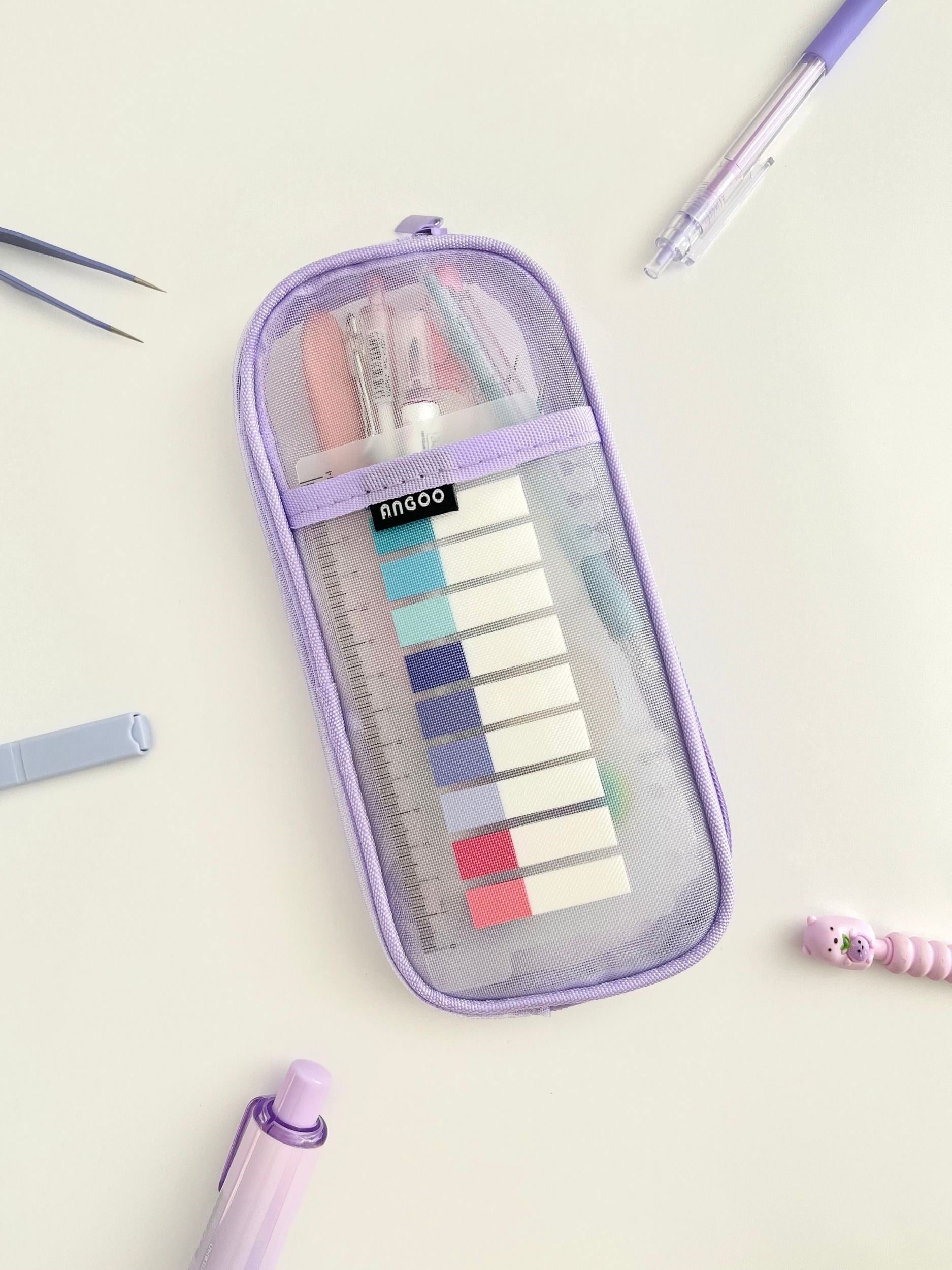 Mesh Organizer Çift Bölmeli Mor Renk File Kalem Kutu ve Kırtasiye Çantası