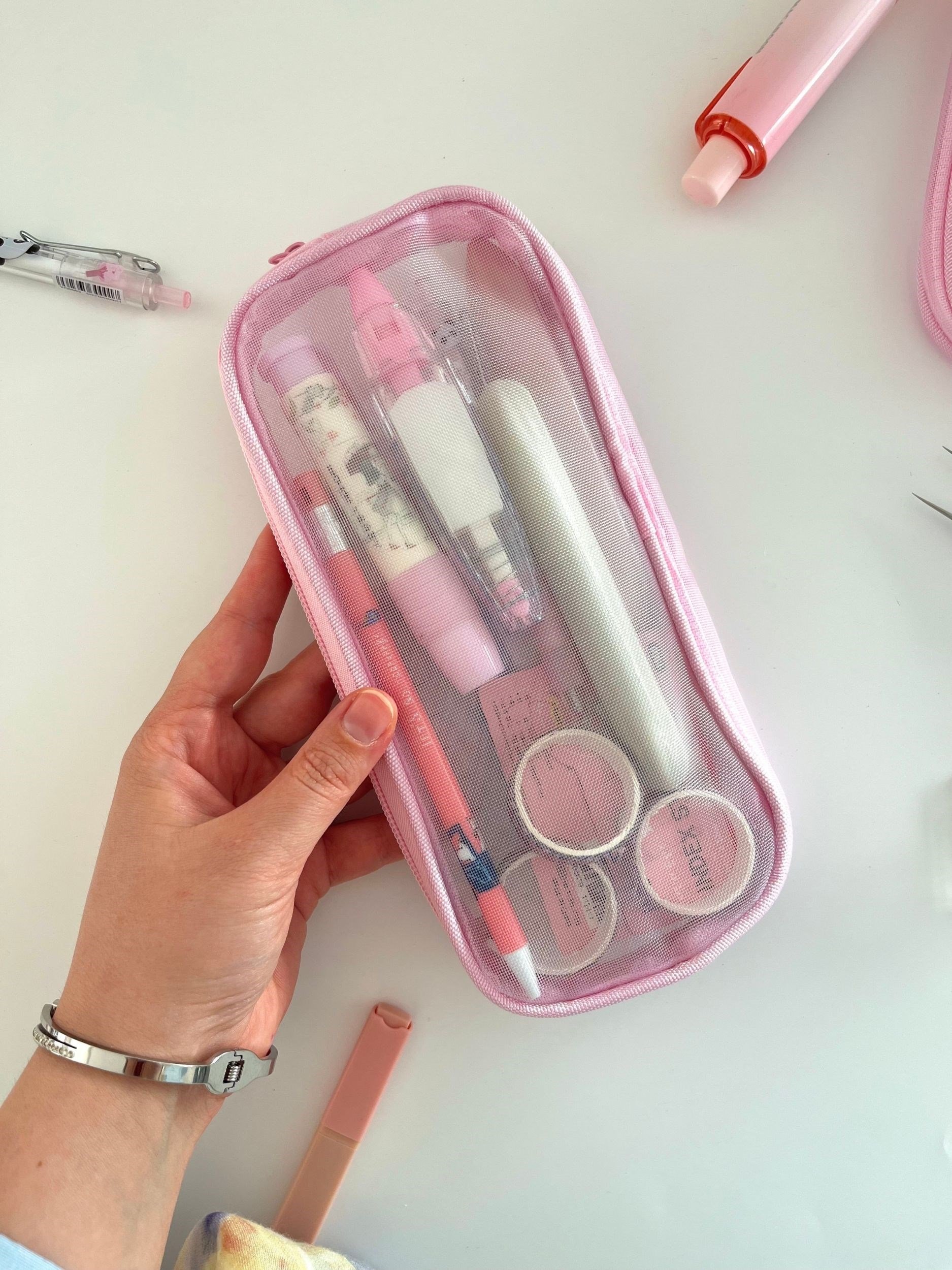 Mesh Organizer Çift Bölmeli Pembe Renk File Kalem Kutu ve Kırtasiye Çantası