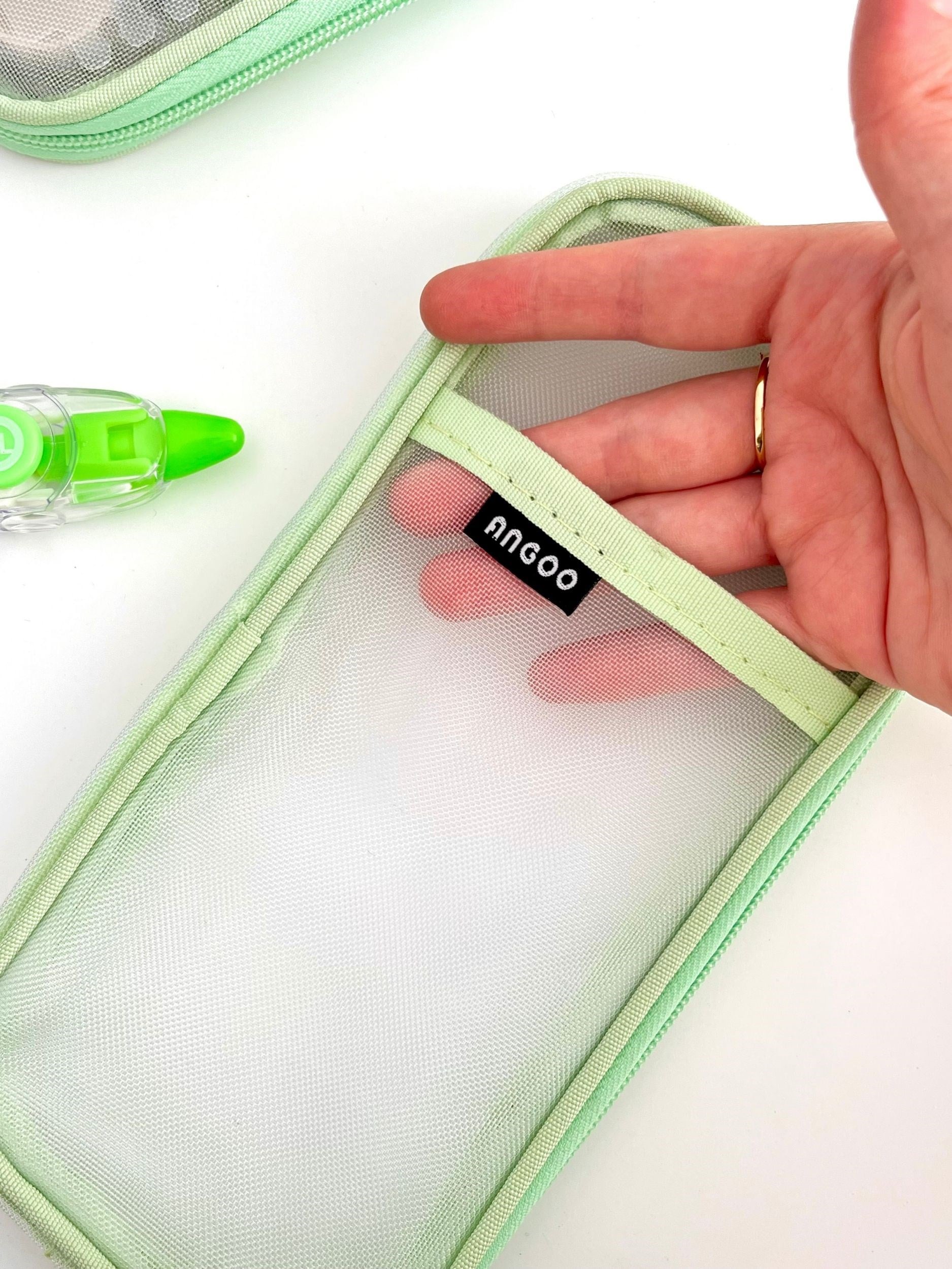 Mesh Organizer Çift Bölmeli Yeşil Renk File Kalem Kutu ve Kırtasiye Çantası