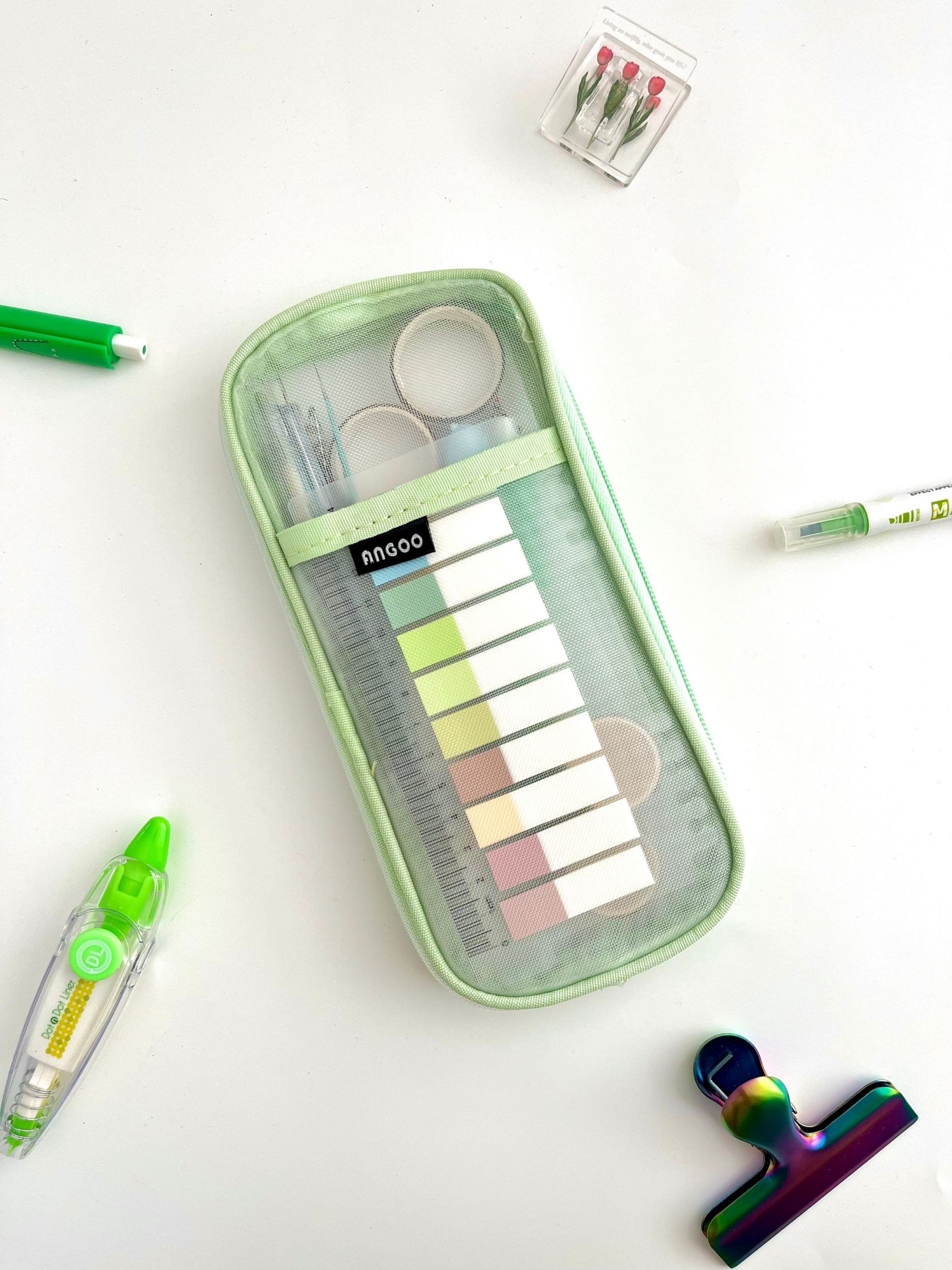 Mesh Organizer Çift Bölmeli Yeşil Renk File Kalem Kutu ve Kırtasiye Çantası