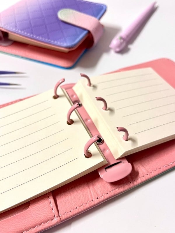 Mini Boy Mor Pembe Tonlarda Mıknatıslı PU Deri Kapaklı 80 Yaprak Sürdürülebilir Ajanda/Planner/Binder Defter(Çizgili, Değiştirilebilir Sayfa)
