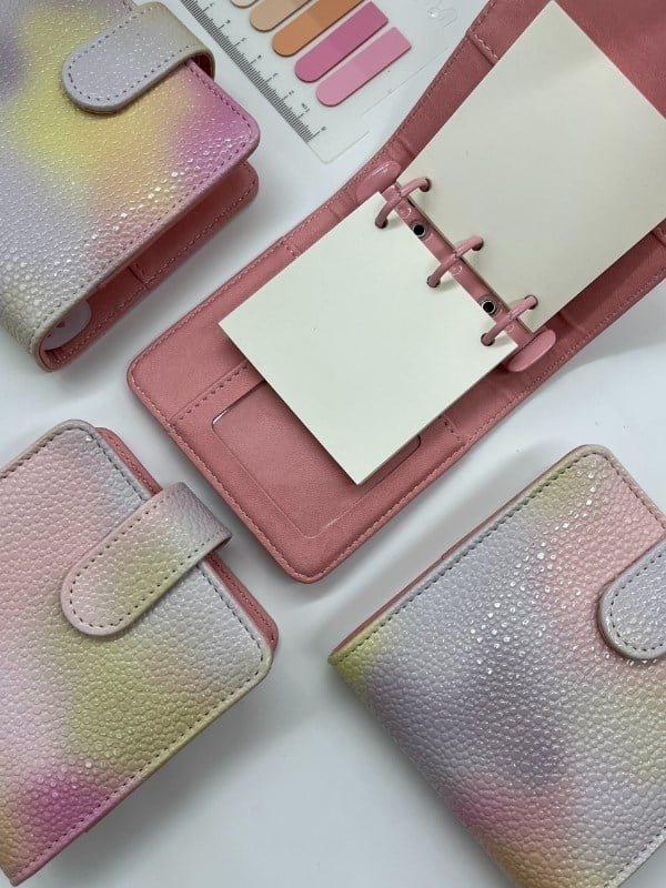 Mini Boy Sarı Pembe Tonları Mıknatıslı PU Deri Kapaklı Sürdürülebilir Ajanda/ Planner/ Binder Defter 80 Yaprak (Çizgisiz, Değiştirilebilir Sayfa)