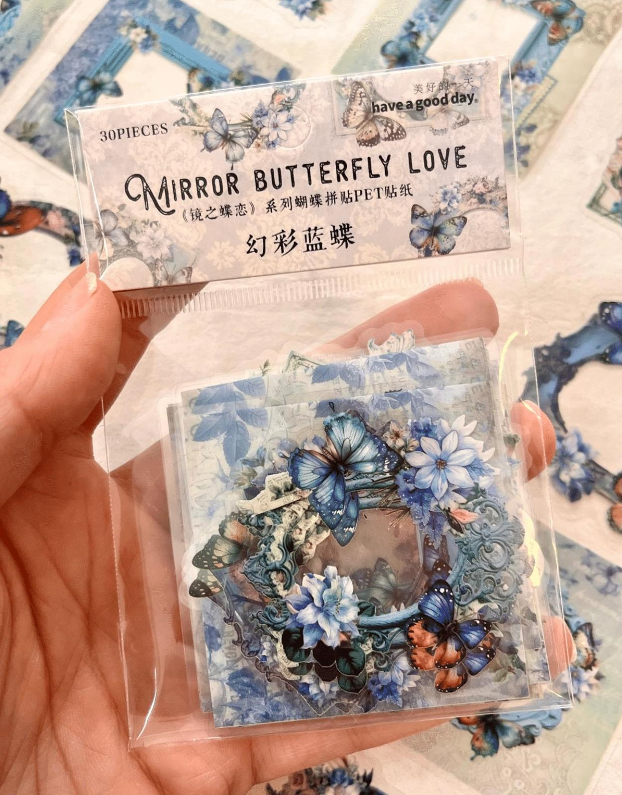 Mirror Butterfly Love Serisi Mavi Renk Çiçek ve Kelebek Desenli Çerçeve 30 Adet Şeffaf Pet Sticker/Etiket/Çıkartma