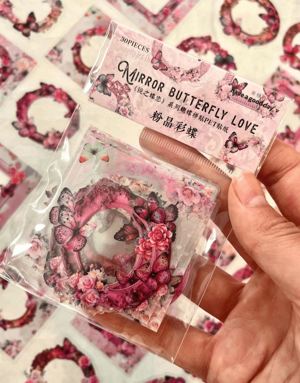 Mirror Butterfly Love Serisi Pembe Renk Çiçek ve Kelebek Desenli Çerçeve 30 Adet Şeffaf Pet Sticker/Etiket/Çıkartma