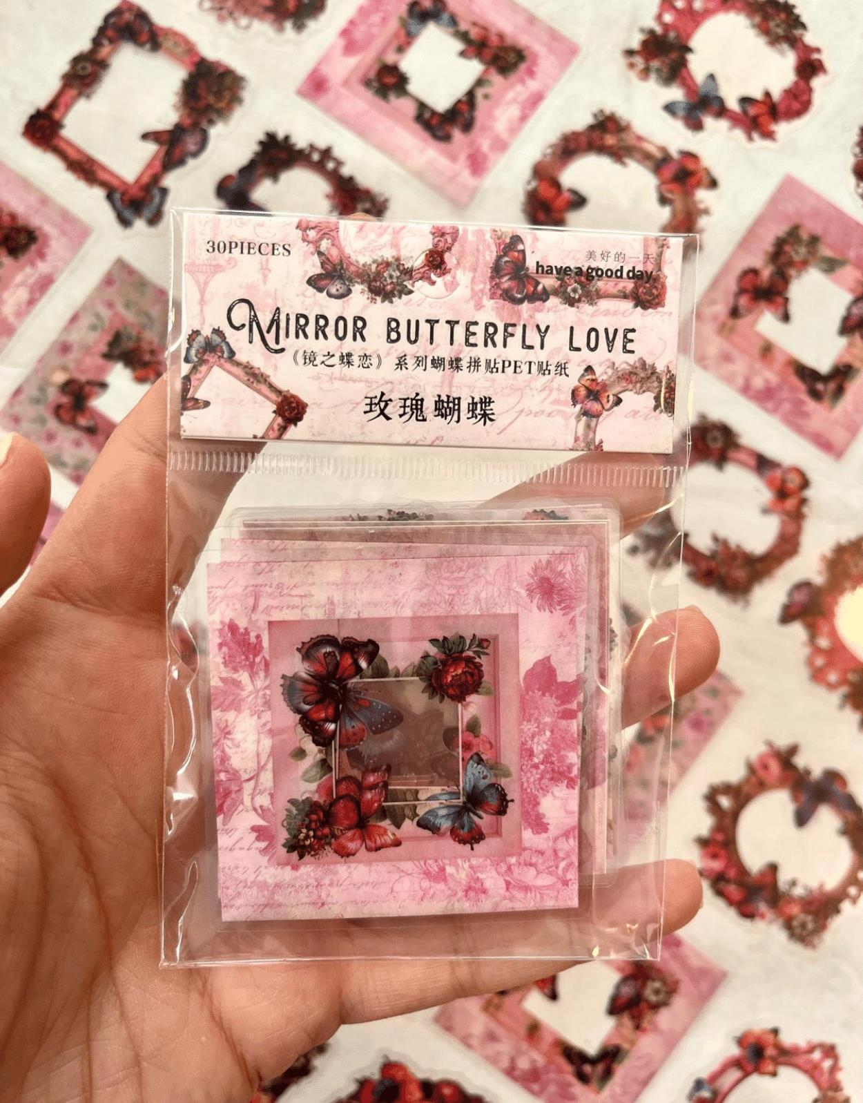 Mirror Butterfly Love Serisi Renkli Çiçek ve Kelebek Desenli Çerçeve 30 Adet Şeffaf Pet Sticker/Etiket/Çıkartma