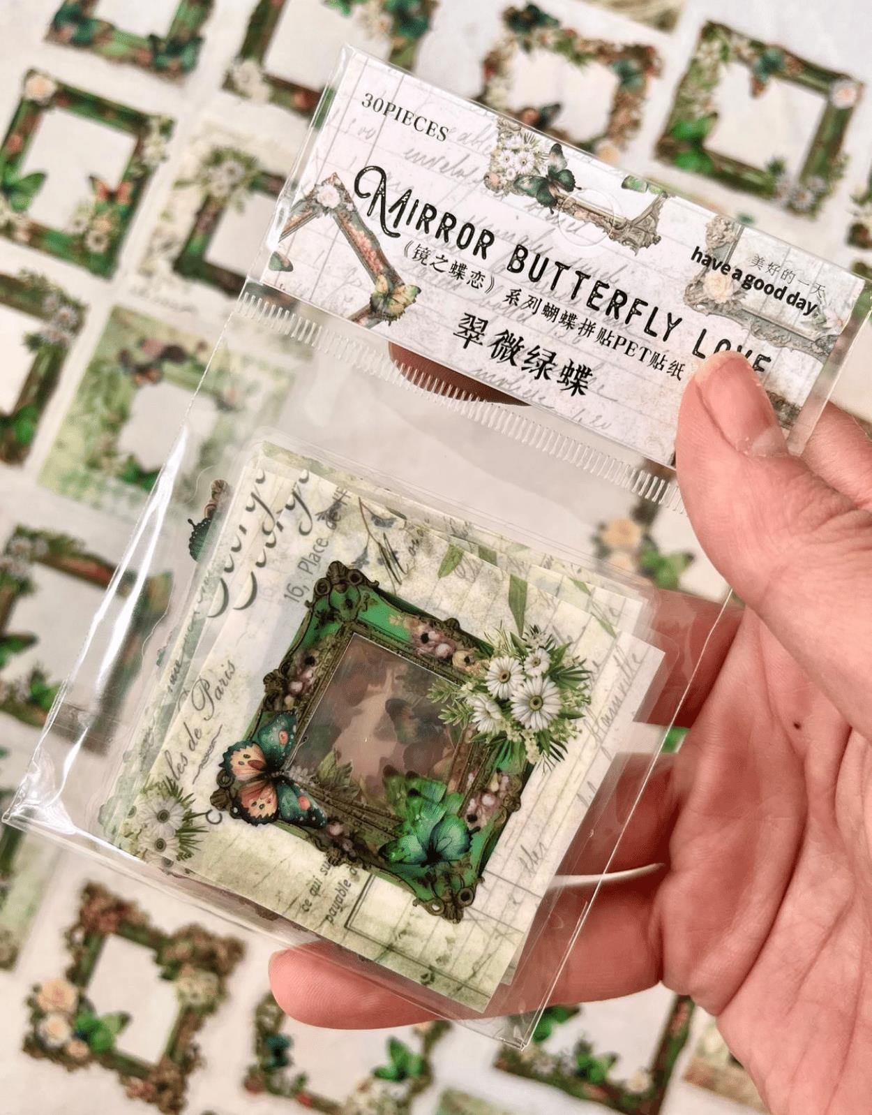 Mırror Butterfly Love Serisi Yeşil Renk Çiçek ve Kelebek Desenli Çerçeve 30 Adet Şeffaf Pet Sticker