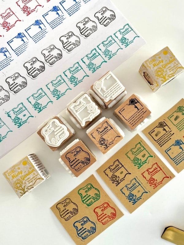Misty Garden 3 Farklı Vintage Çiçek ve Etiket Temalı Ahşap Küp Mühür/Kaşe/Stamp/Seal