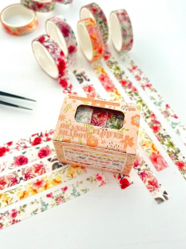 Orange Flower Shadow Bahar Çiçekleri Temalı 5'li Washi Bant Set (5*2m)/Masking Tape/Desenli Bant