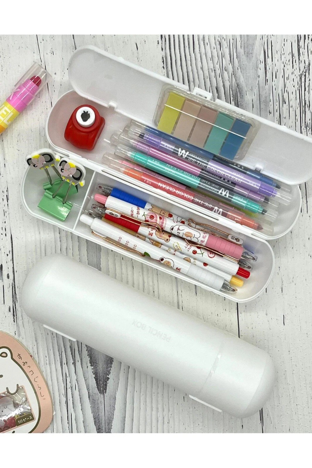 Oval Sert Kapaklı Beyaz Kalem Kutu / Çanta / Pencil Box / Düzenleyici