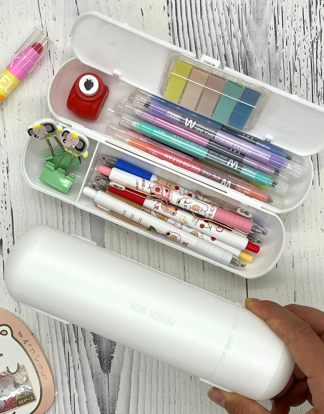 Oval Sert Kapaklı Beyaz Kalem Kutu / Çanta / Pencil Box / Düzenleyici