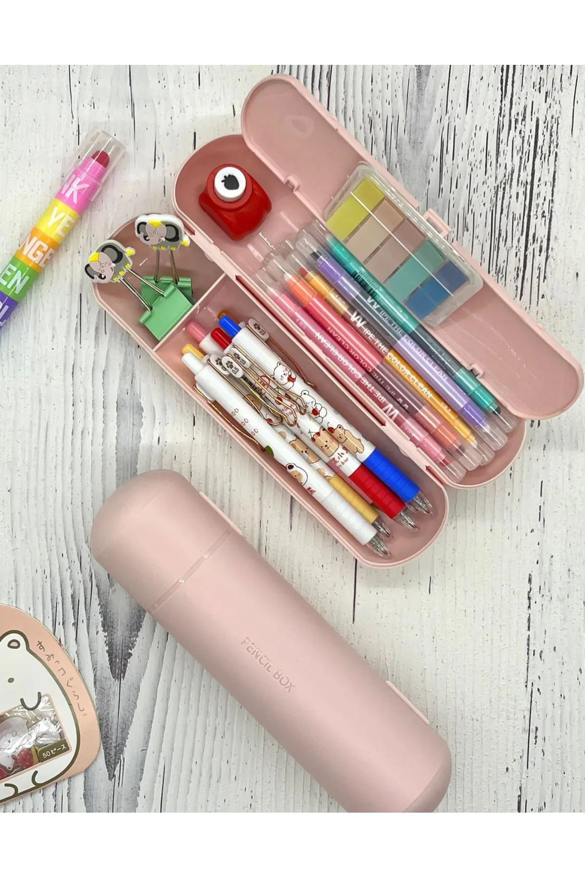 Oval Sert Kapaklı Pembe Kalem Kutu / Çanta / Pencil Box / Düzenleyici