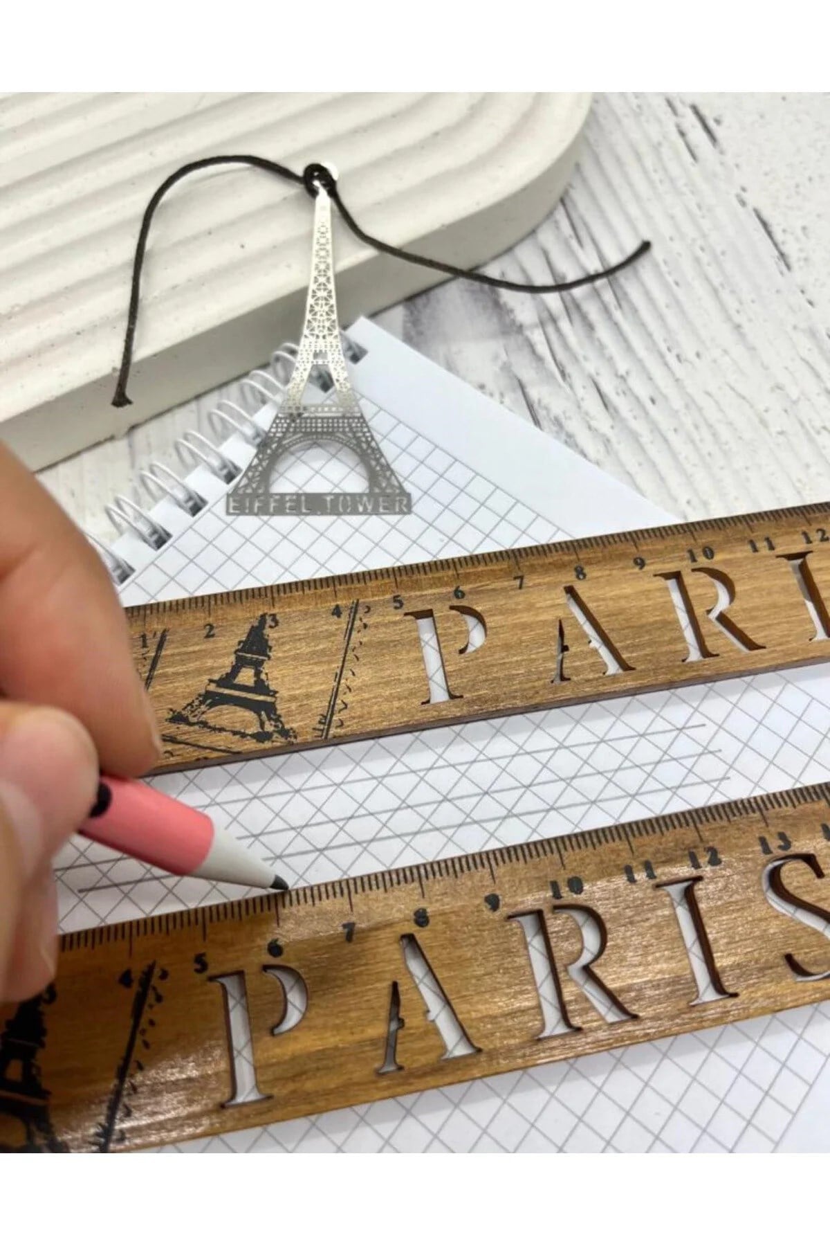 Paris Desenli Vintage Mini Ahşap Cetvel / Yer İmi