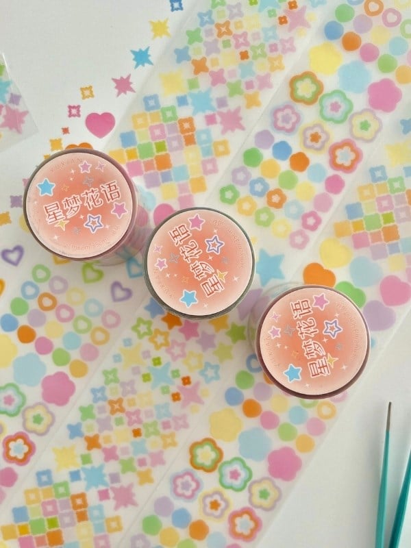Pastel Renkli Yıldız Kalp Çiçek 2m 1032 Adet Tek Tek Çıkartmalı Sticker Washi Bant/Etiket/Çıkartma