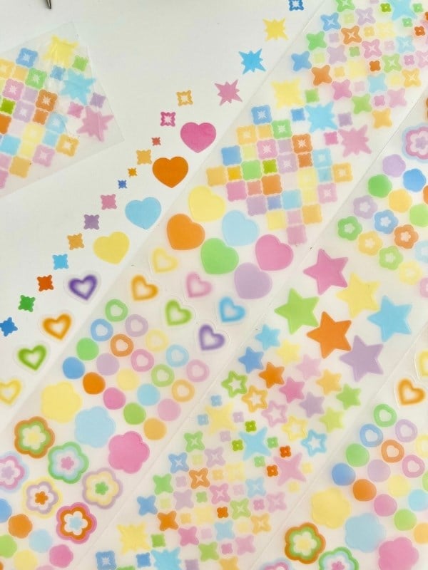 Pastel Renkli Yıldız Kalp Çiçek 2m 1032 Adet Tek Tek Çıkartmalı Sticker Washi Bant/Etiket/Çıkartma