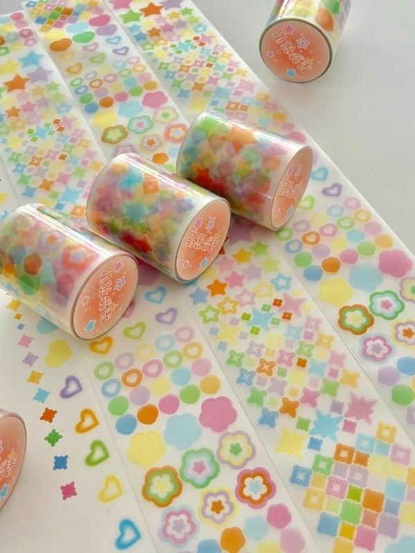 Pastel Renkli Yıldız Kalp Çiçek 2m 1032 Adet Tek Tek Çıkartmalı Sticker Washi Bant/Etiket/Çıkartma