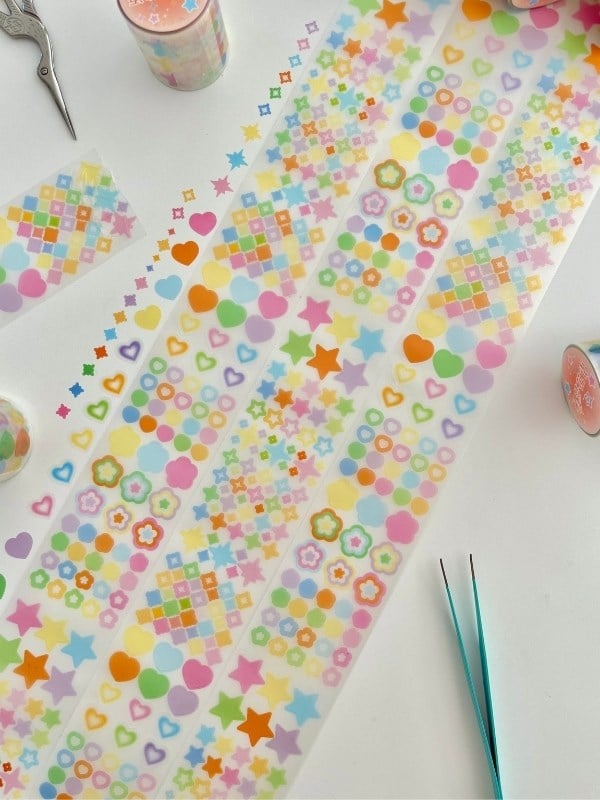 Pastel Renkli Yıldız Kalp Çiçek 2m 1032 Adet Tek Tek Çıkartmalı Sticker Washi Bant/Etiket/Çıkartma