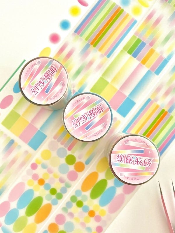 Pastel Renkli Yuvarlak ve Çizgi Desenli 2m 570Adet Tek Tek Çıkartma Sticker Washi Bant/Etiket/Çıkart
