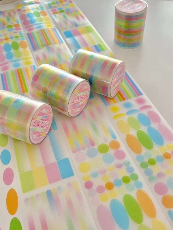 Pastel Renkli Yuvarlak ve Çizgi Desenli 2m 570Adet Tek Tek Çıkartma Sticker Washi Bant/Etiket/Çıkart