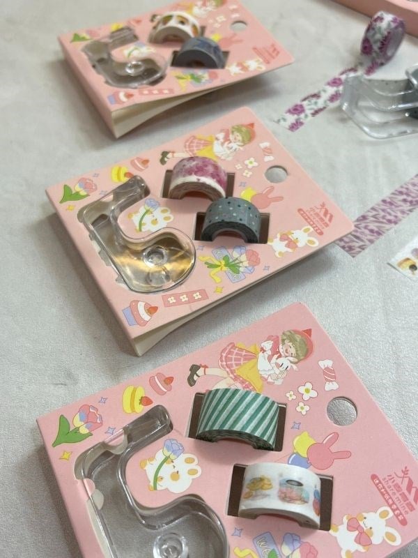 Pembe Renk 2+1 Washi Bant ve Kesim Aparatlı Mini Set/ Washi Tape / Bullet Journal