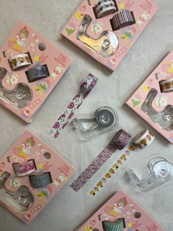Pembe Renk 2+1 Washi Bant ve Kesim Aparatlı Mini Set/ Washi Tape / Bullet Journal