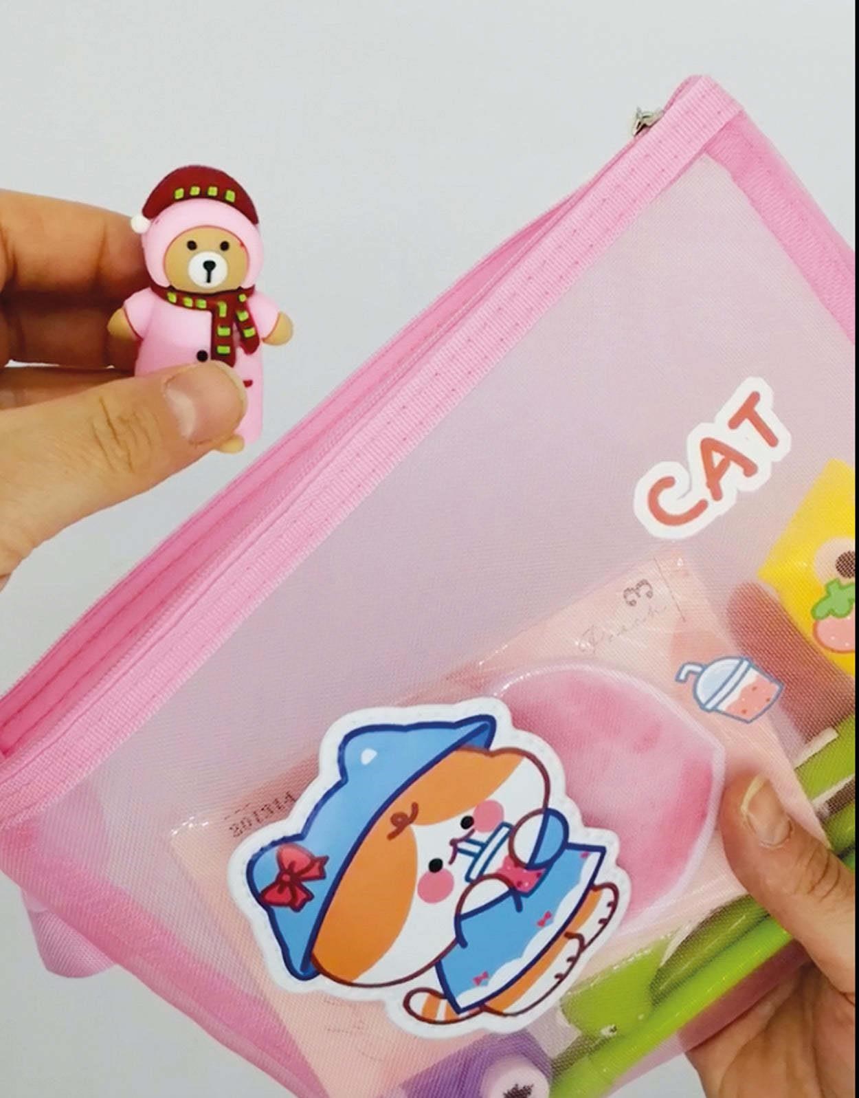 Pembe Şirin Kedi Şeffaf Çanta / Kalem Kutu
