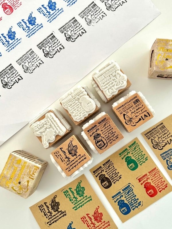 Planned Encounter 3 Farklı Vintage Kelebek ve Botanik Temalı Ahşap Küp Mühür/Kaşe/Stamp/Seal