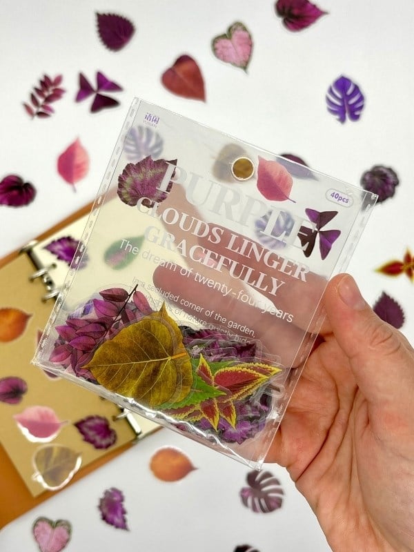 Purple Dream Leaves 40 Adet Dekoratif Mor Yaprak Şeffaf Pet Sticker Seti/Etiket/Çıkartma