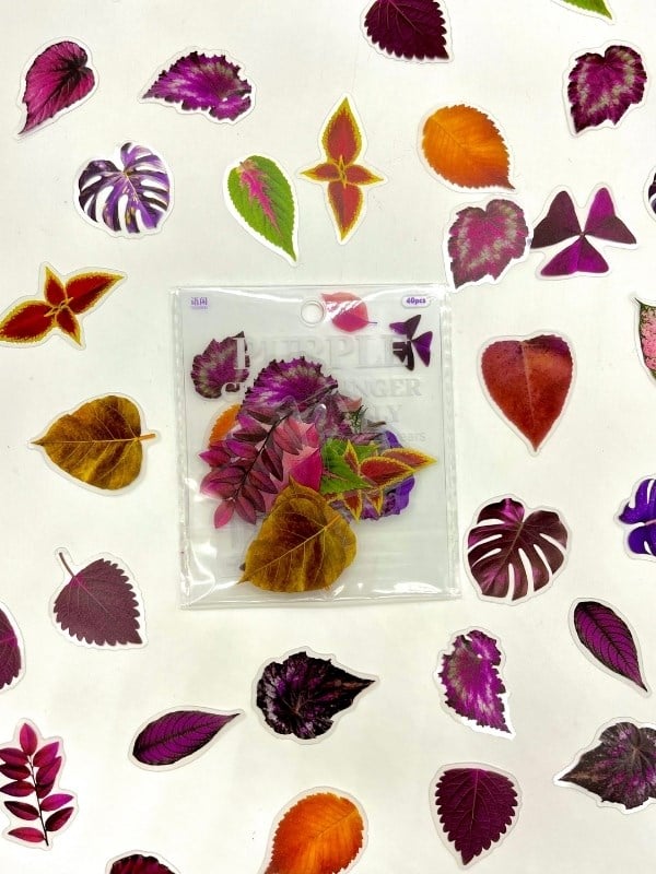 Purple Dream Leaves 40 Adet Dekoratif Mor Yaprak Şeffaf Pet Sticker Seti/Etiket/Çıkartma