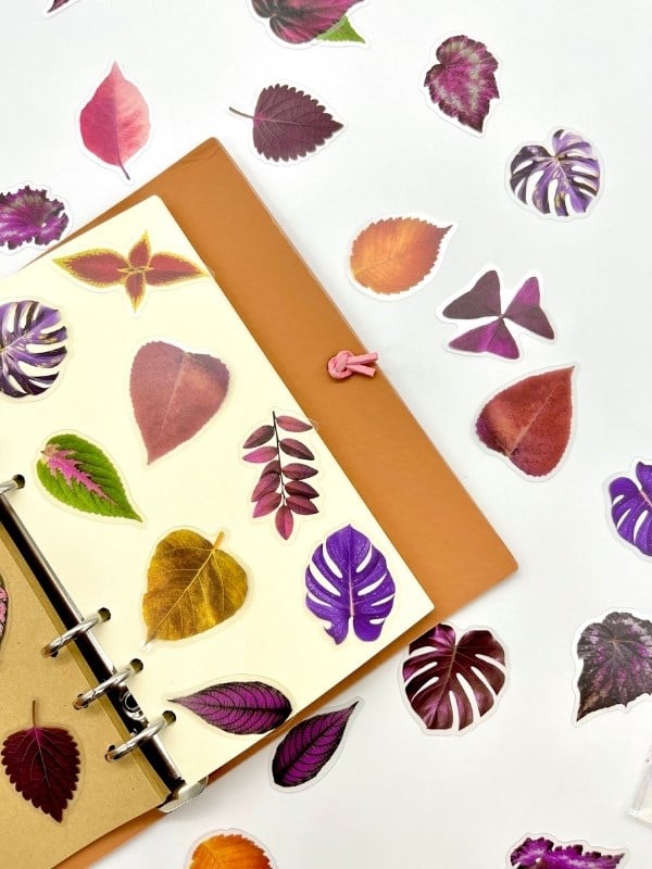 Purple Dream Leaves 40 Adet Dekoratif Mor Yaprak Şeffaf Pet Sticker Seti/Etiket/Çıkartma