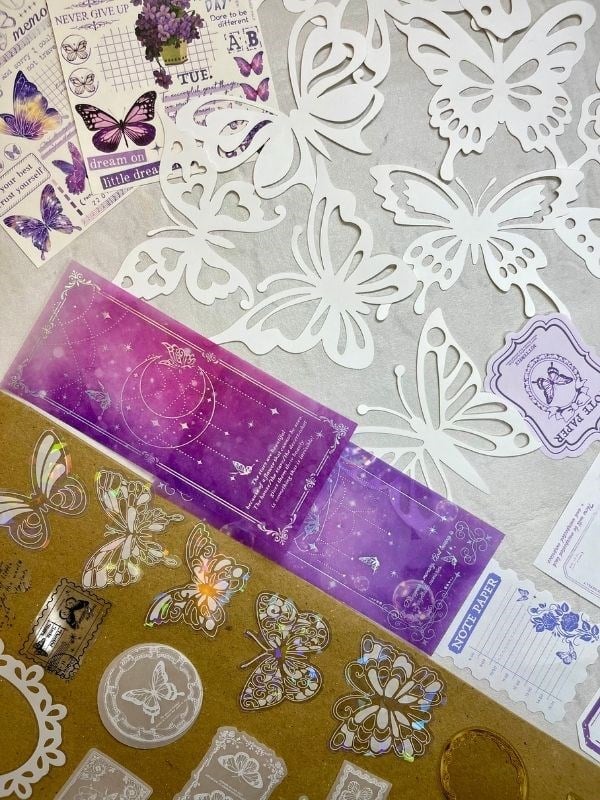 Purple Sky At Night 59 Parça Dopdolu Özel Tasarım Hediyelik Mor Sticker Scrapbook Kâğıt Kelebek Seti/Bullet Journal 