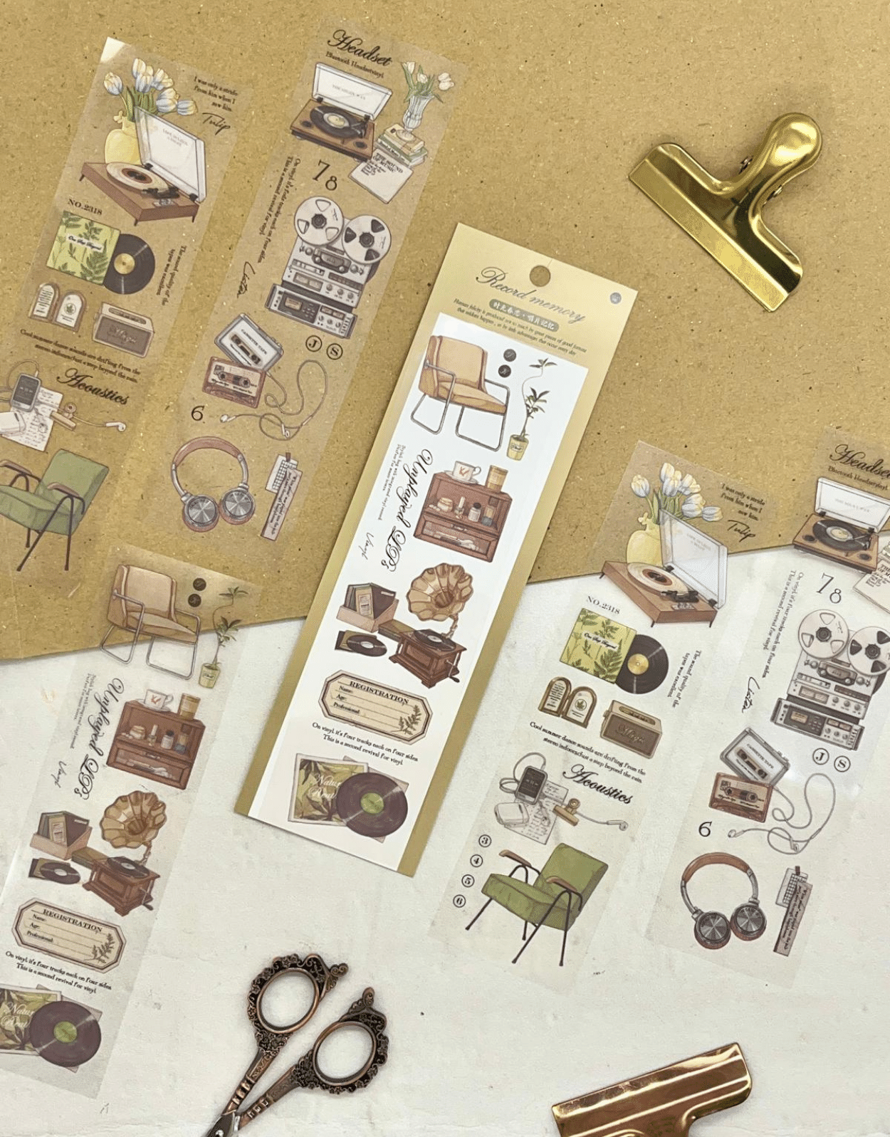 Record Memory Retro Müzik Çalarlar Serisi Temalı 6 Yaprak Şeffaf Pet Sticker/ Çıkartma/ Bullet Journal  