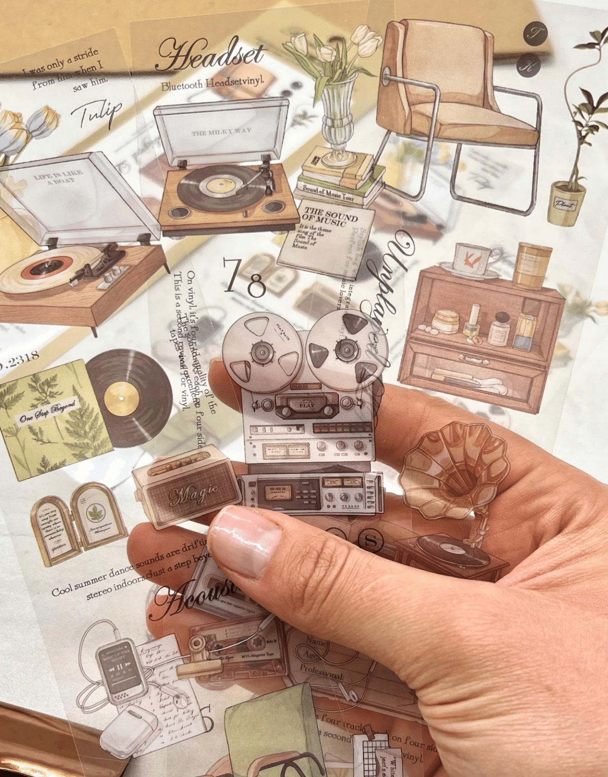 Record Memory Retro Müzik Çalarlar Serisi Temalı 6 Yaprak Şeffaf Pet Sticker/ Çıkartma/ Bullet Journal  