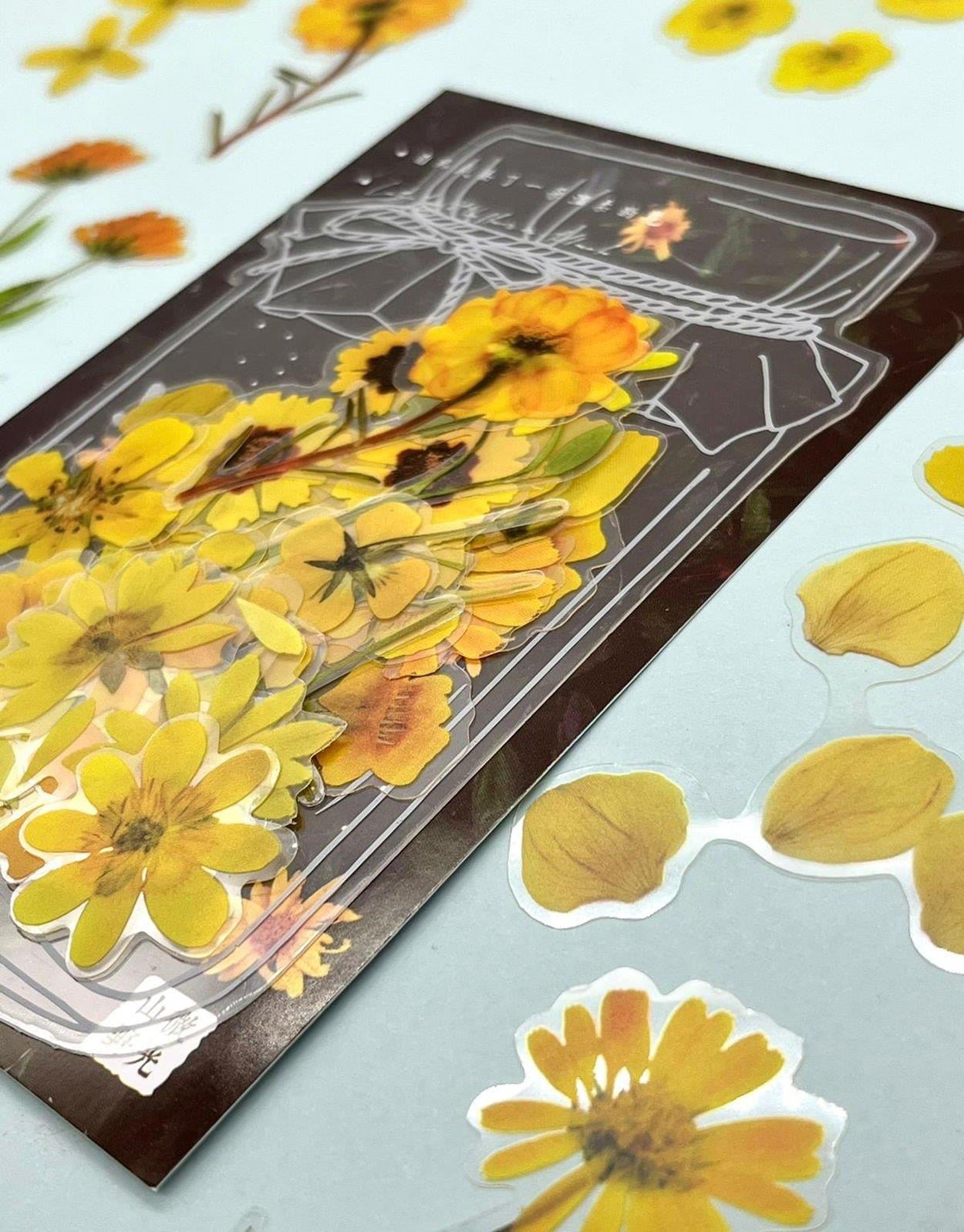 Retro Sarı Renkli Çiçek Şeffaf  Sticker - Scrapbook - Bullet Journal -  Defter Süsleme-Çıkartma
