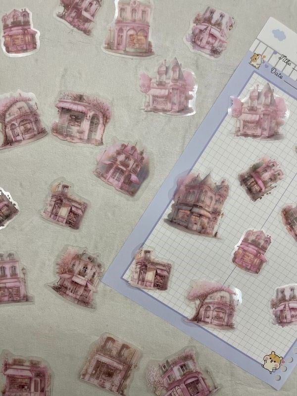 Romantic Flower House Ev Temalı Pembe 40 Adet Pet Sticker Set/ Çıkartma/Etiket/Bullet Journal