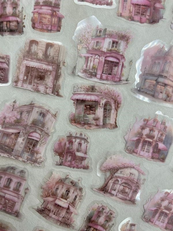 Romantic Flower House Ev Temalı Pembe 40 Adet Pet Sticker Set/ Çıkartma/Etiket/Bullet Journal