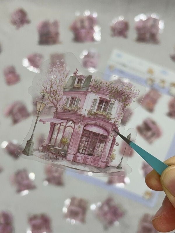 Romantic Flower House Ev Temalı Pembe 40 Adet Pet Sticker Set/ Çıkartma/Etiket/Bullet Journal