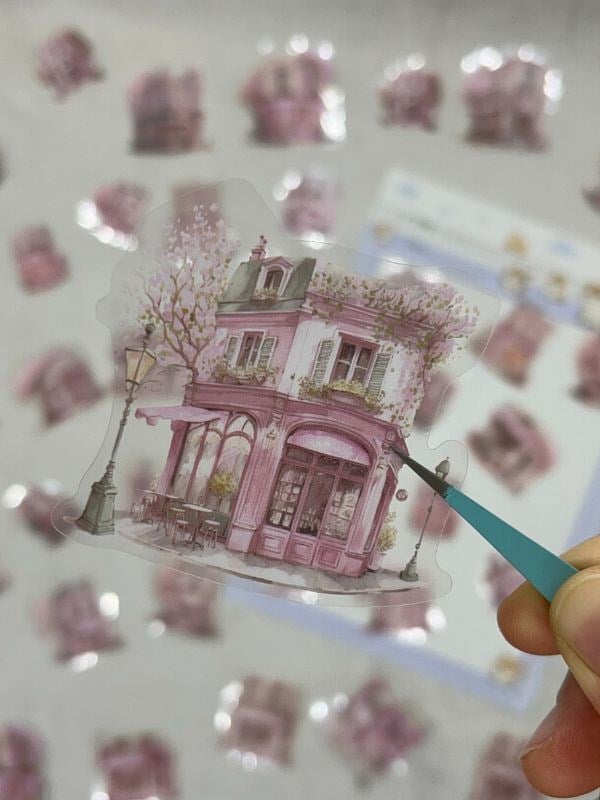 Romantic Flower House Ev Temalı Pembe 40 Adet Pet Sticker Set/ Çıkartma/Etiket/Bullet Journal