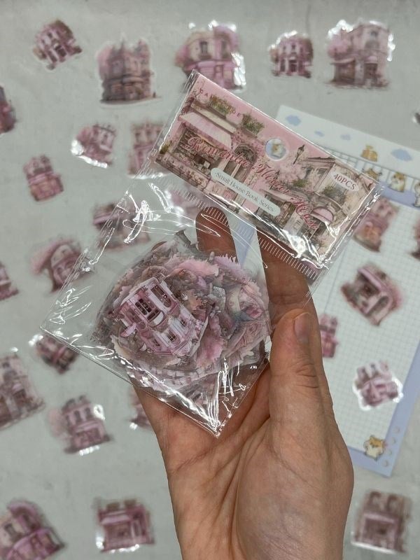 Romantic Flower House Ev Temalı Pembe 40 Adet Pet Sticker Set/ Çıkartma/Etiket/Bullet Journal