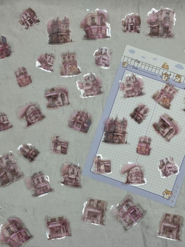 Romantic Flower House Ev Temalı Pembe 40 Adet Pet Sticker Set/ Çıkartma/Etiket/Bullet Journal