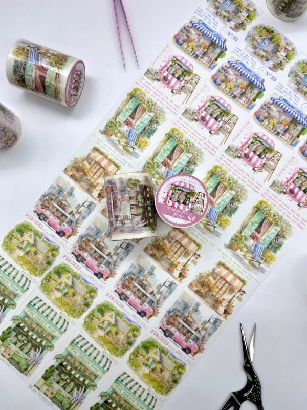Romantik Çiçek Pazarı Temalı 2m Washi Bant/Washi Tape/Masking Tape/Desenli Bant