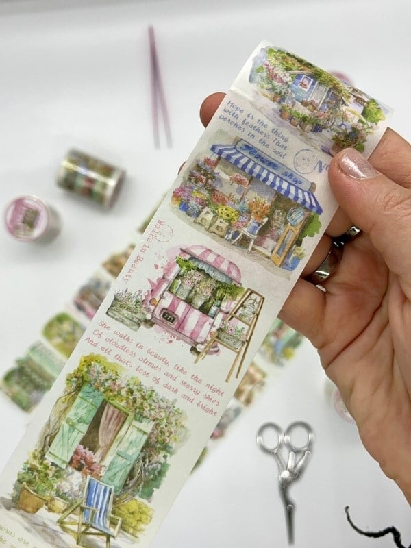 Romantik Çiçek Pazarı Temalı 2m Washi Bant/Washi Tape/Masking Tape/Desenli Bant