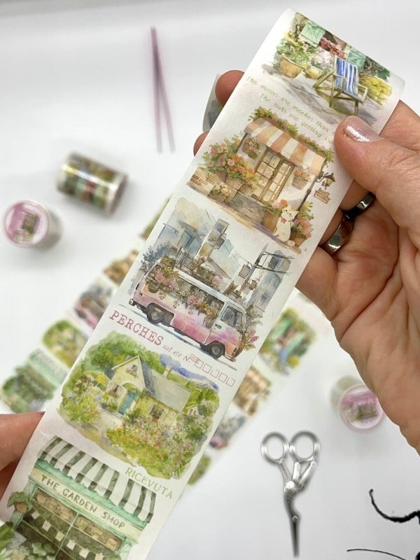 Romantik Çiçek Pazarı Temalı 2m Washi Bant/Washi Tape/Masking Tape/Desenli Bant