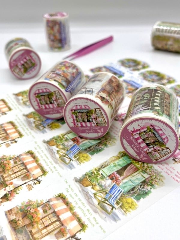 Romantik Çiçek Pazarı Temalı 2m Washi Bant/Washi Tape/Masking Tape/Desenli Bant